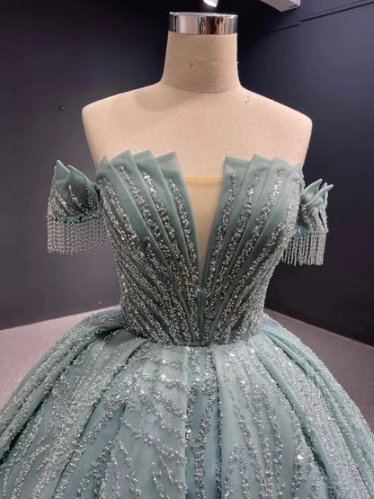 Beaded Green Wedding Dresses Off the Shoulder Quince Dress 67411-wedding dresses 2025 -Viniodress-Emerald Green-Custom Size-