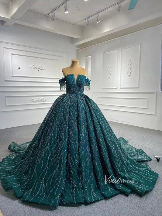 Beaded Green Wedding Dresses Off the Shoulder Quince Dress 67411-wedding dresses 2025 -Viniodress-Emerald Green-Custom Size-