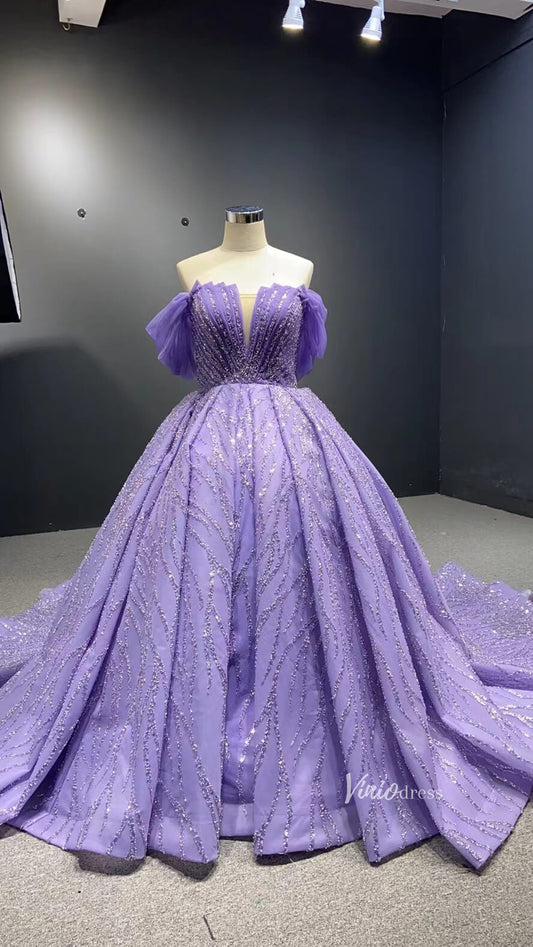 Beaded Green Wedding Dresses Off the Shoulder Quince Dress 67411-wedding dresses 2025 -Viniodress-Lavender-Custom Size-
