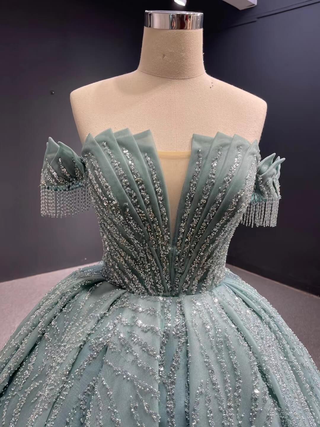 Prom Dress 2025 Beaded Green Wedding Dresses Off the Shoulder Quince Dress 67411-unique wedding dresses-Emerald Green-Custom Size-Viniodress