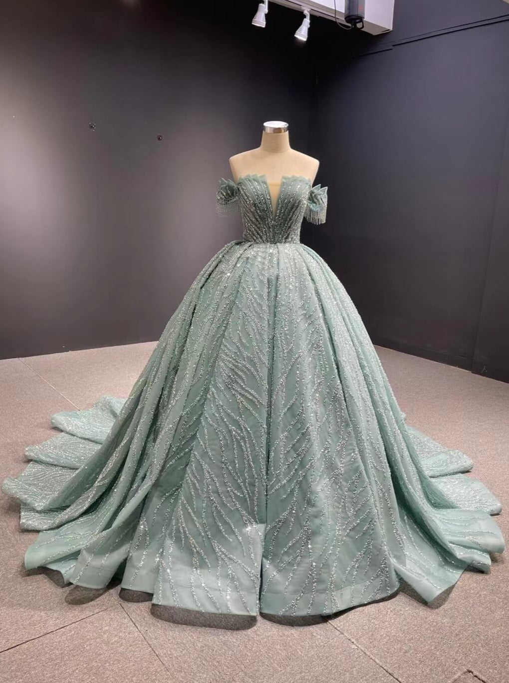 Prom Dress 2025 Beaded Green Wedding Dresses Off the Shoulder Quince Dress 67411-unique wedding dresses-Greyish Green-Custom Size-Viniodress