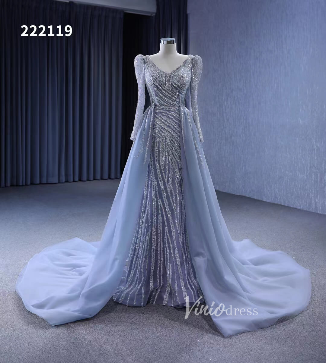 Beaded Grey Wedding Dresses Removable Train Mermaid Evening Gown 222119-wedding dresses 2025 -Viniodress-Grey-Custom Size-