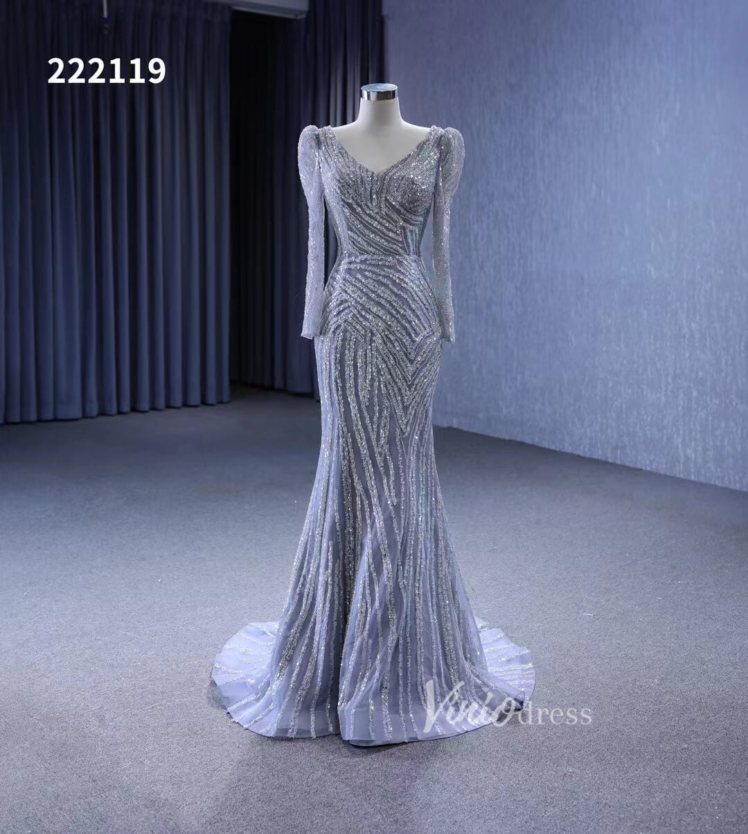 Beaded Grey Wedding Dresses Removable Train Mermaid Evening Gown 222119-wedding dresses 2025 -Viniodress-Grey-Custom Size-