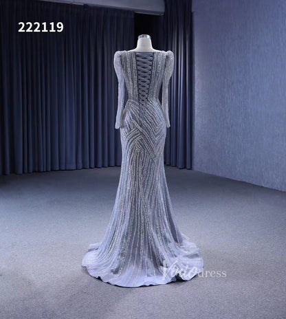 Beaded Grey Wedding Dresses Removable Train Mermaid Evening Gown 222119-wedding dresses 2025 -Viniodress-Grey-Custom Size-