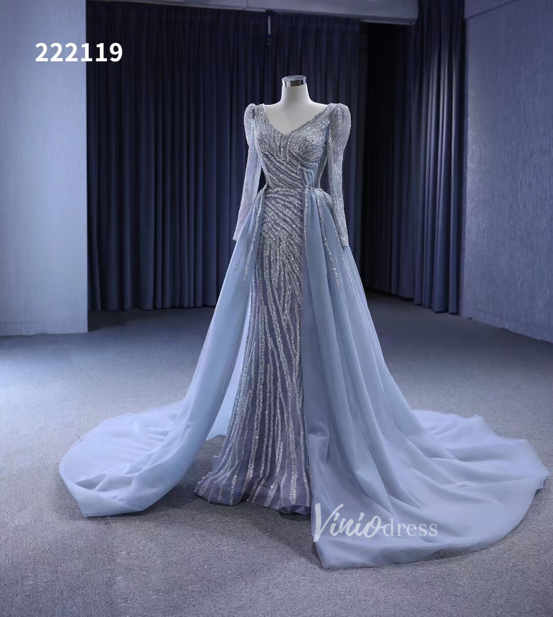 Beaded Grey Wedding Dresses Removable Train Mermaid Evening Gown 222119-wedding dresses 2025 -Viniodress-Grey-Custom Size-