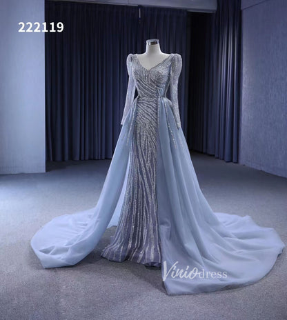 Beaded Grey Wedding Dresses Removable Train Mermaid Evening Gown 222119-wedding dresses 2025 -Viniodress-Grey-Custom Size-