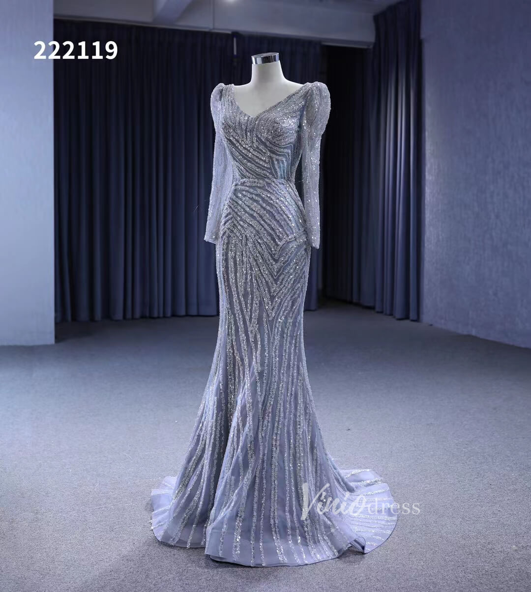Beaded Grey Wedding Dresses Removable Train Mermaid Evening Gown 222119-wedding dresses 2025 -Viniodress-Grey-Custom Size-