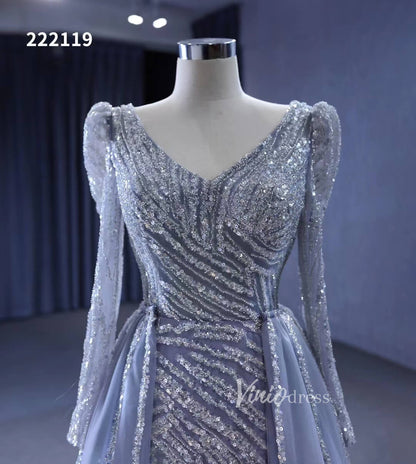 Beaded Grey Wedding Dresses Removable Train Mermaid Evening Gown 222119-wedding dresses 2025 -Viniodress-Grey-Custom Size-
