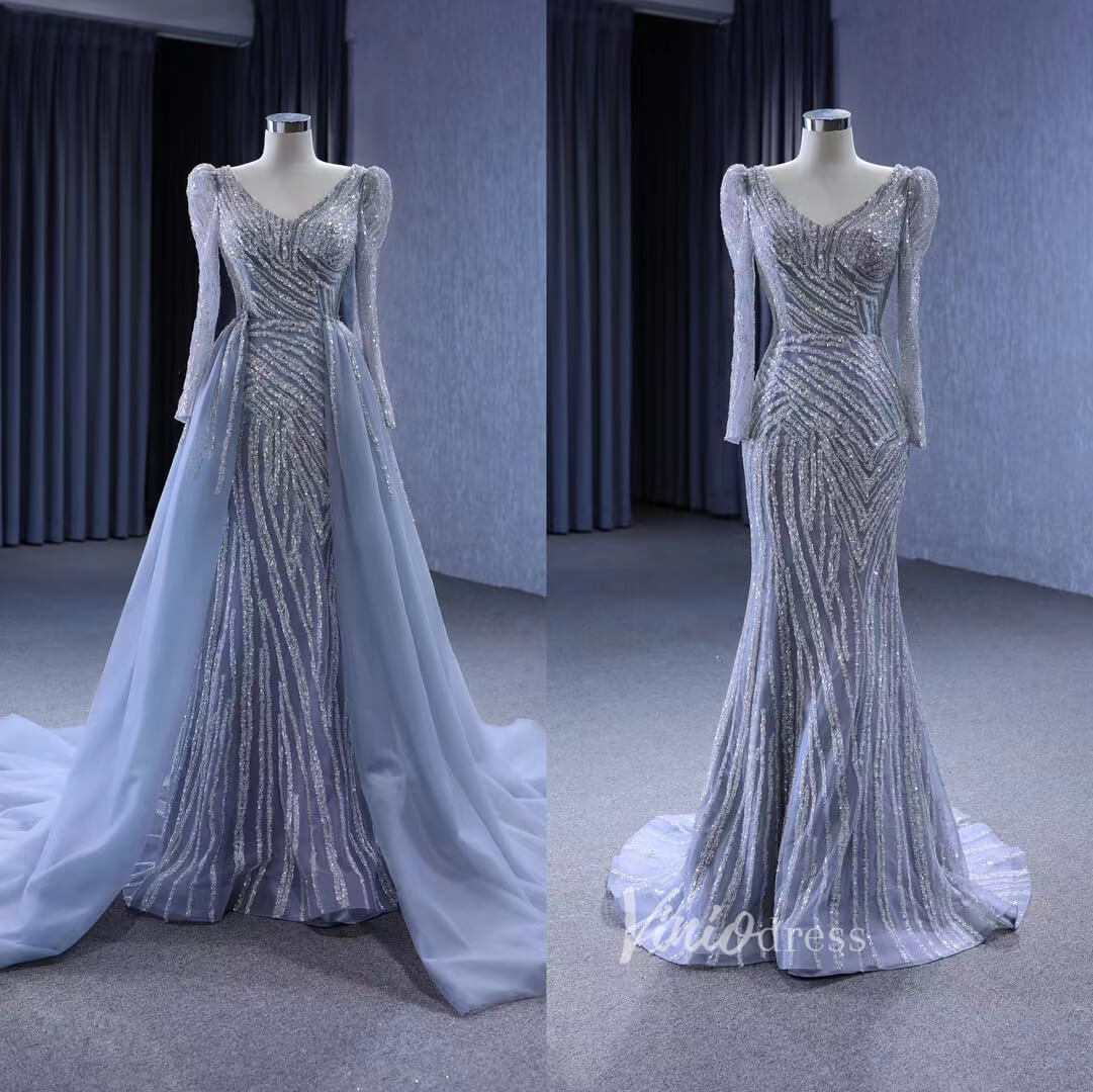 Beaded Grey Wedding Dresses Removable Train Mermaid Evening Gown 222119-wedding dresses-Viniodress-Grey-Custom Size-Viniodress