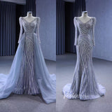 Beaded Grey Wedding Dresses Removable Train Mermaid Evening Gown 222119