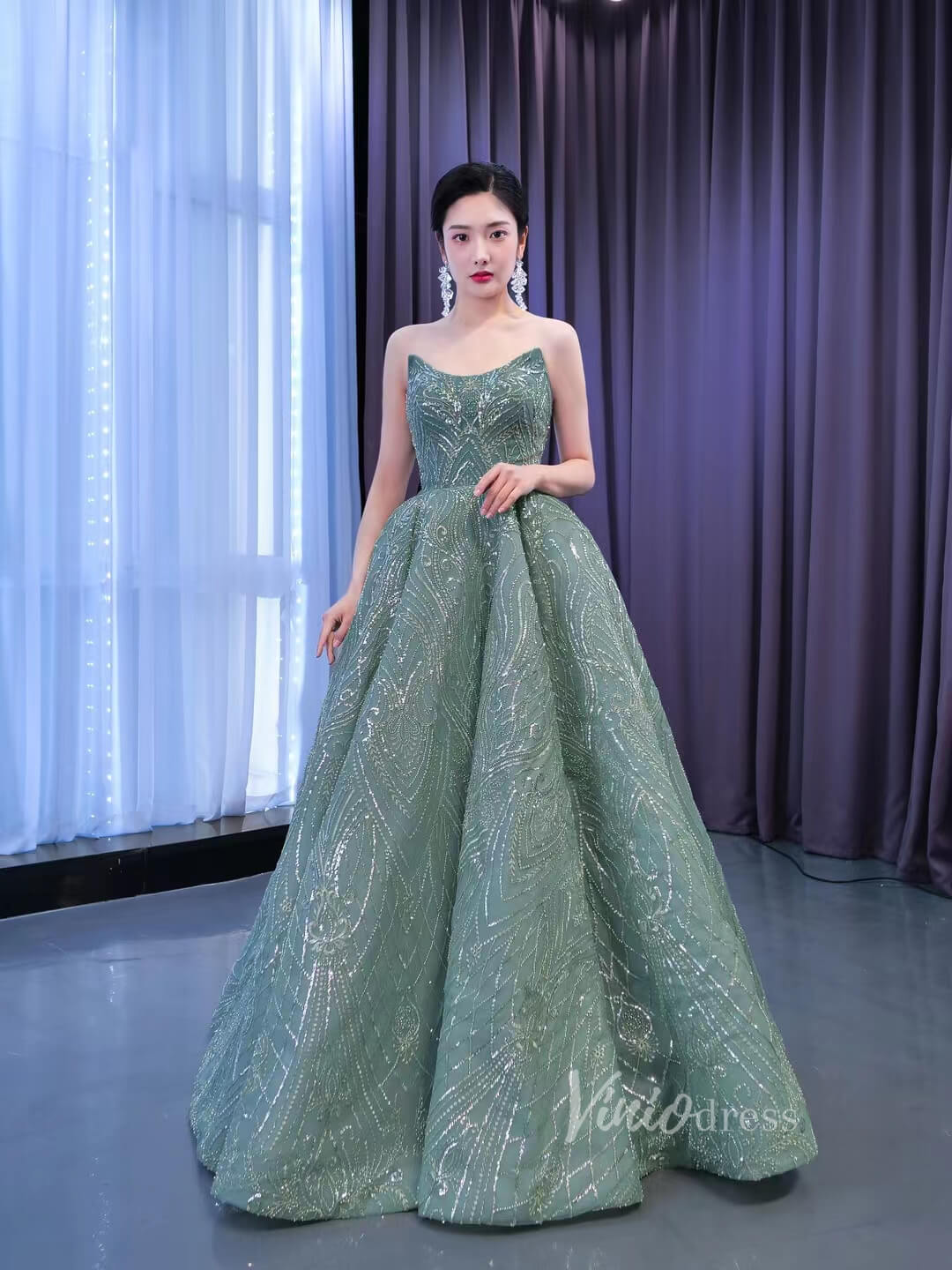 Prom Dress 2025 Beaded Greyish-Green Ball Gown Formal Dresses Strapless 67421-unique Quinceanera Dresses-Greyish Green-Custom Size-Viniodress