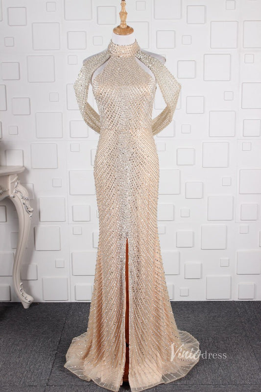 Beaded Halter Evening Dress Cold Shoulder Vintage Prom Dresses with slit FD2804-Evening Dresses 2025 -Viniodress-Champagne-US 2-
