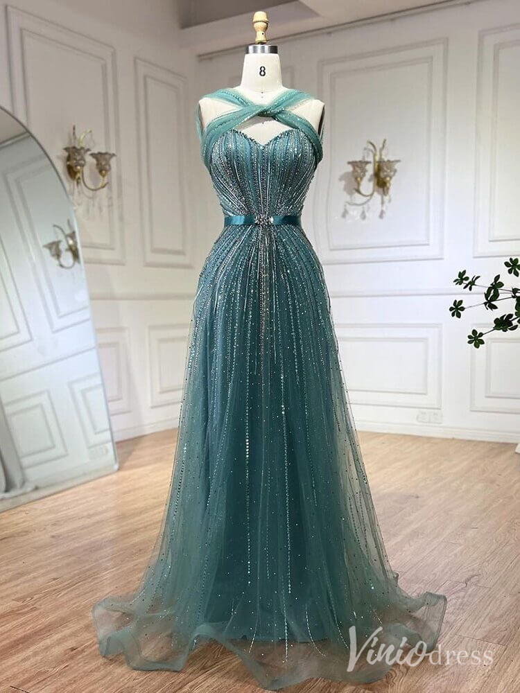 Beaded Halter Neck Prom Dresses Pageant Dress AD1240-Evening Dresses 2025 -Viniodress-Dusty Blue-US 2-