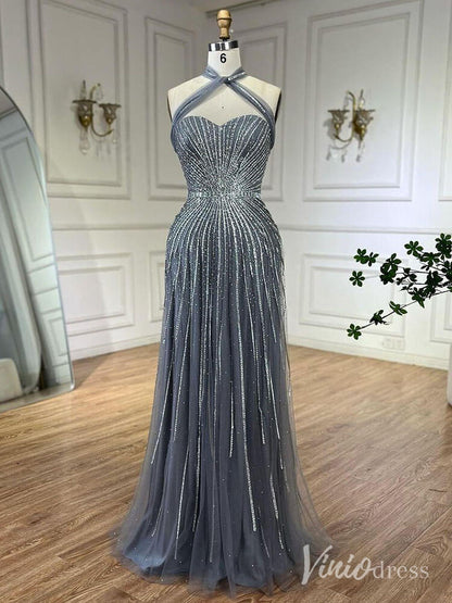 Beaded Halter Neck Prom Dresses Pageant Dress AD1240-Evening Dresses 2025 -Viniodress-Dusty Blue-US 2-