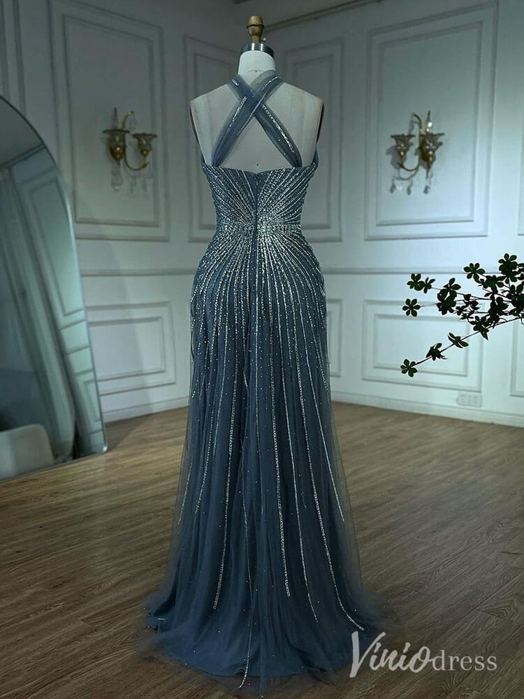 Beaded Halter Neck Prom Dresses Pageant Dress AD1240-Evening Dresses 2025 -Viniodress-Dusty Blue-US 2-