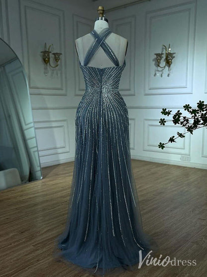 Beaded Halter Neck Prom Dresses Pageant Dress AD1240-Evening Dresses 2025 -Viniodress-Dusty Blue-US 2-