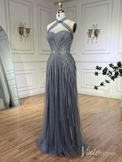 Beaded Halter Neck Prom Dresses Pageant Dress AD1240-Evening Dresses 2025 -Viniodress-Dusty Blue-US 2-