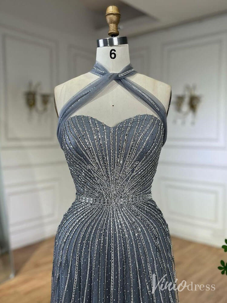 Beaded Halter Neck Prom Dresses Pageant Dress AD1240-Evening Dresses 2025 -Viniodress-Dusty Blue-US 2-