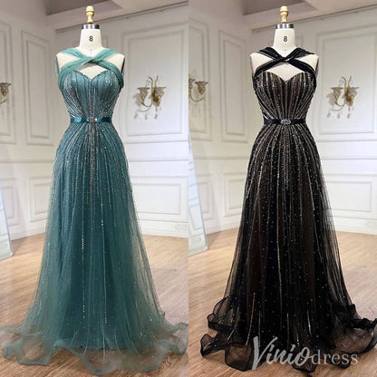 Beaded Halter Neck Prom Dresses Pageant Dress AD1240-Evening Dresses 2025 -Viniodress-Dusty Blue-US 2-