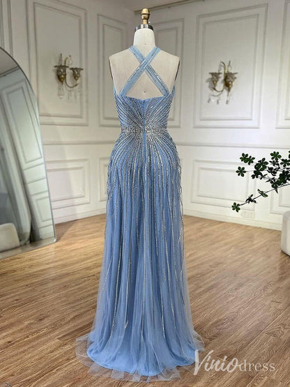 Beaded Halter Neck Prom Dresses Pageant Dress AD1240-Evening Dresses 2025 -Viniodress-Dusty Blue-US 2-
