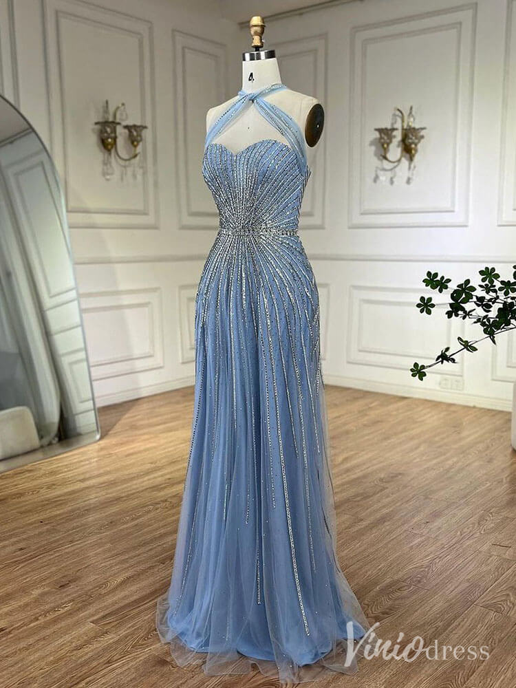Beaded Halter Neck Prom Dresses Pageant Dress AD1240-Evening Dresses 2025 -Viniodress-Dusty Blue-US 2-