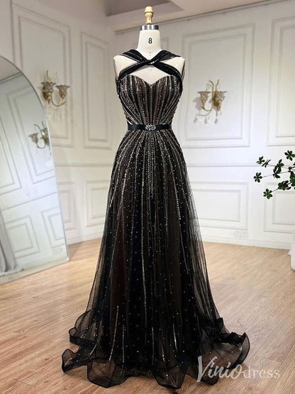 Beaded Halter Neck Prom Dresses Pageant Dress AD1240-Evening Dresses 2025 -Viniodress-Dusty Blue-US 2-