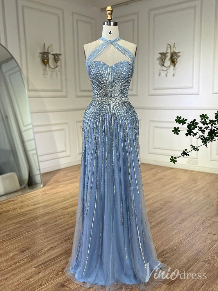 Beaded Halter Neck Prom Dresses Pageant Dress AD1240-Evening Dresses 2025 -Viniodress-Dusty Blue-US 2-