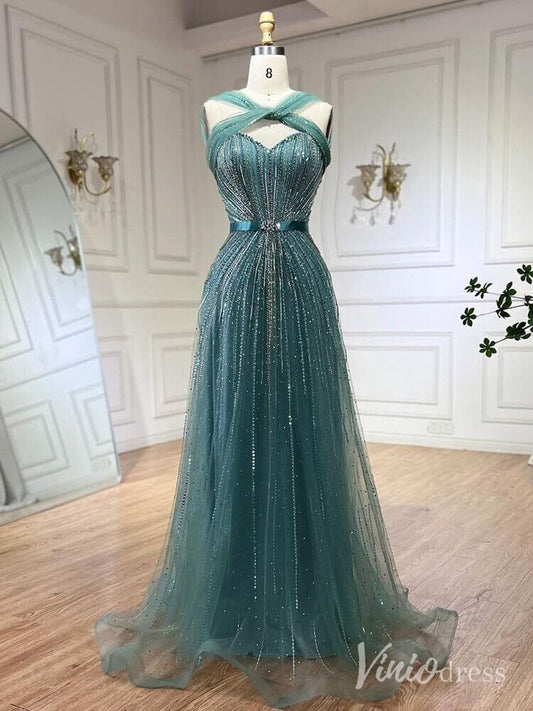 Beaded Halter Neck Prom Dresses Pageant Dress AD1240-Evening Dresses 2025 -Viniodress-Dusty Blue-US 2-