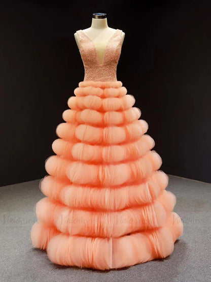 Beaded Haute Couture Prom Dresses Royal Blue Celebrity Ball Gowns viniodress-prom dresses 2025 -Viniodress-Peach-Custom Size-