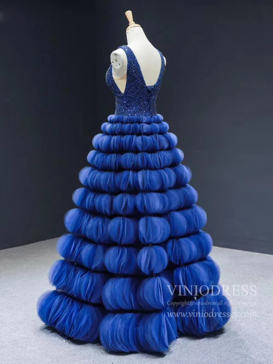 Beaded Haute Couture Prom Dresses Royal Blue Celebrity Ball Gowns viniodress-prom dresses-Viniodress-Viniodress