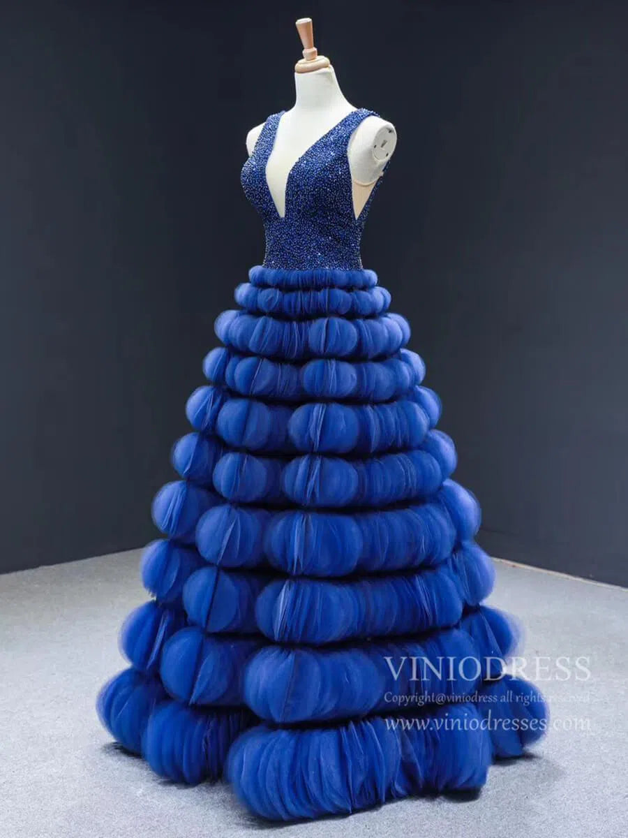 Beaded Haute Couture Prom Dresses Royal Blue Celebrity Ball Gowns viniodress-prom dresses-Viniodress-Viniodress