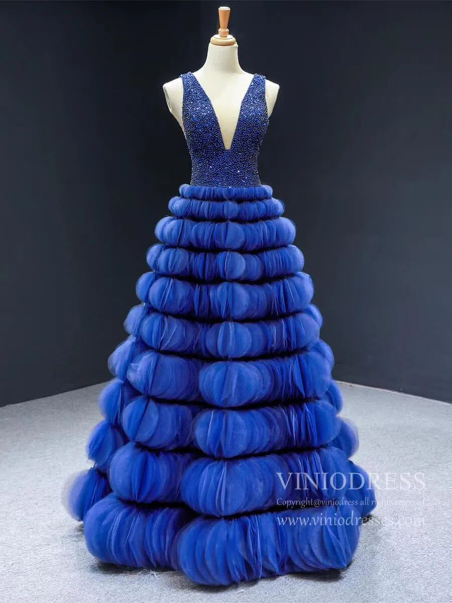 Beaded Haute Couture Prom Dresses Royal Blue Celebrity Ball Gowns viniodress-prom dresses-Viniodress-Royal Blue-Custom Size-Viniodress