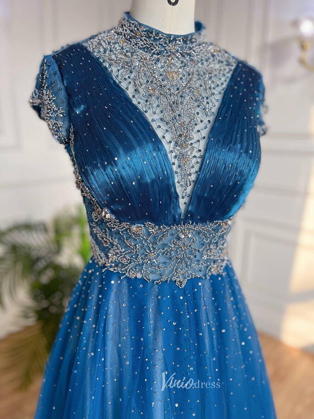 Beaded High Neck Mother of the Bride Dresses Cap Sleeve 20042-Evening Dresses 2025 -Viniodress-As Picture-US 2-