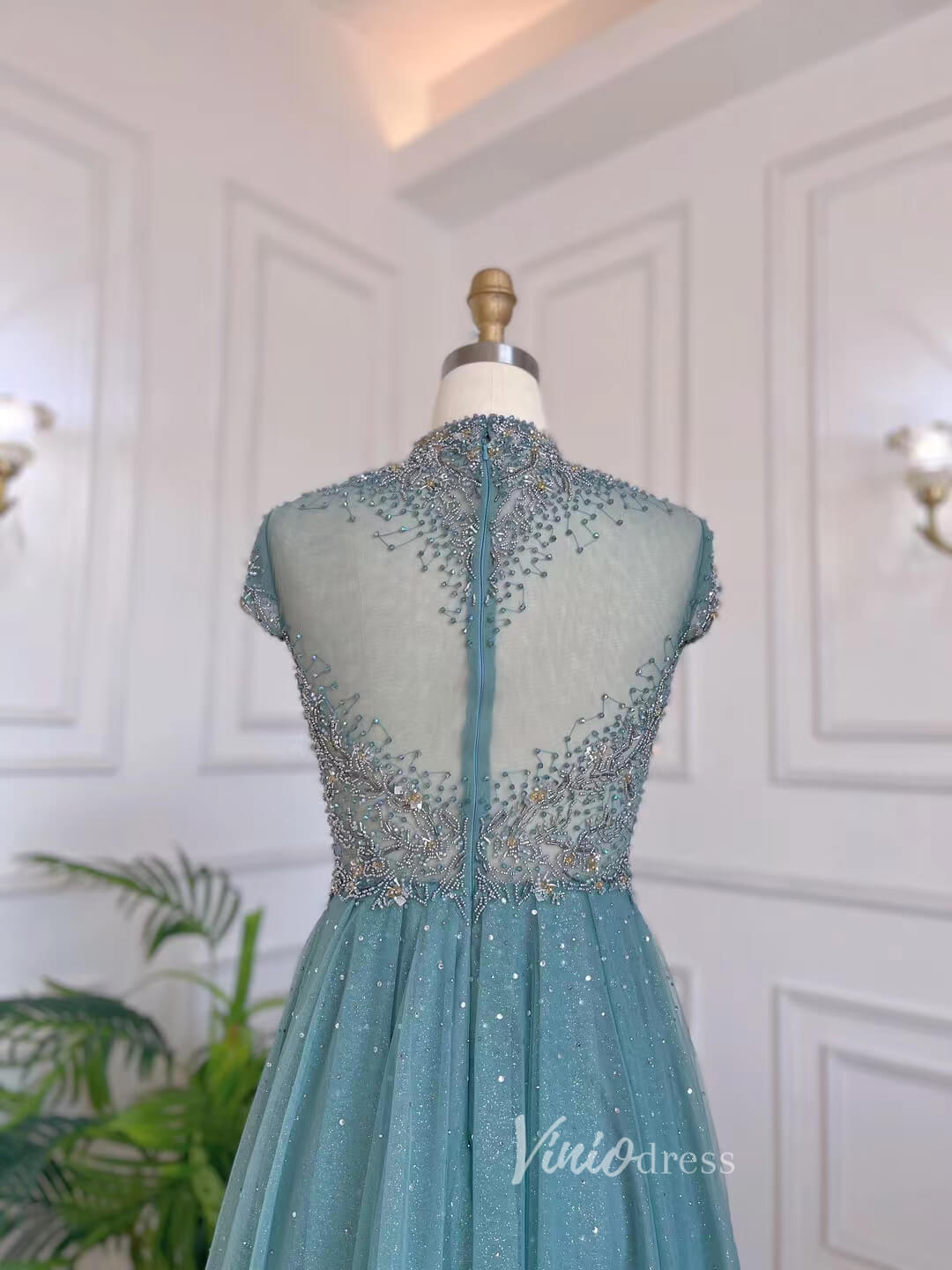 Beaded High Neck Mother of the Bride Dresses Cap Sleeve 20042-Evening Dresses 2025 -Viniodress-As Picture-US 2-