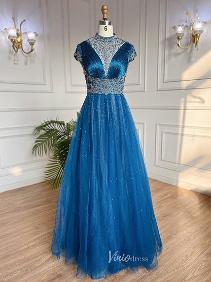 Beaded High Neck Mother of the Bride Dresses Cap Sleeve 20042-Evening Dresses 2025 -Viniodress-Blue-US 2-