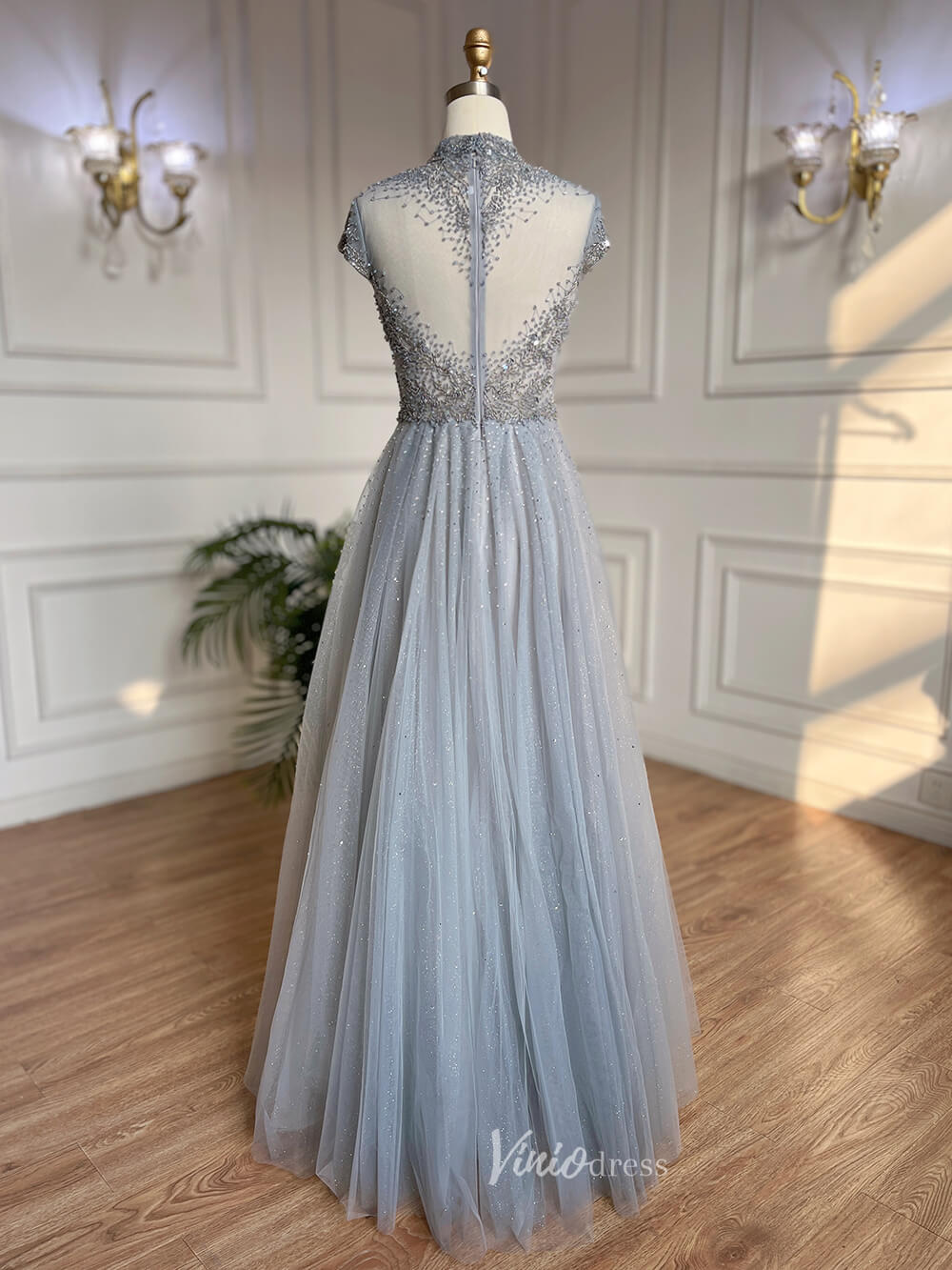 Prom Dress 2025 Beaded High Neck Mother of the Bride Dresses Cap Sleeve 20042-unique prom dresses-As Picture-US 2-Viniodress