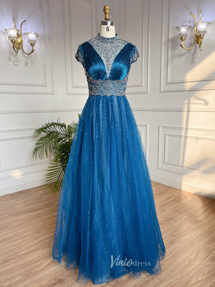 Prom Dress 2025 Beaded High Neck Mother of the Bride Dresses Cap Sleeve 20042-unique prom dresses-Blue-US 2-Viniodress