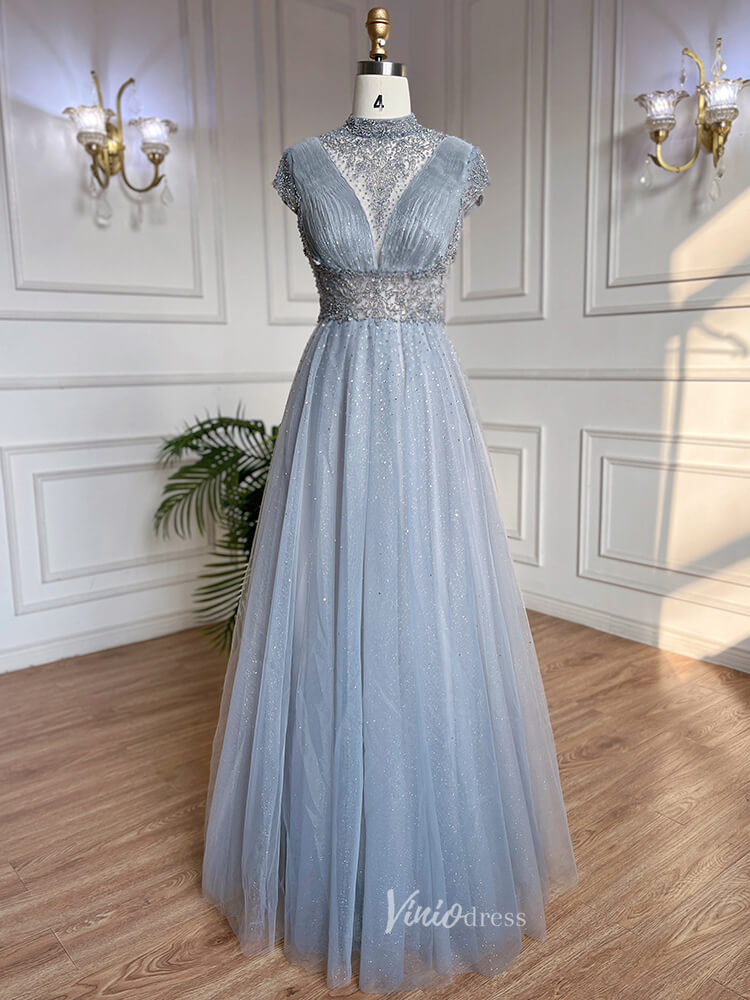 Prom Dress 2025 Beaded High Neck Mother of the Bride Dresses Cap Sleeve 20042-unique prom dresses-Grey-US 2-Viniodress