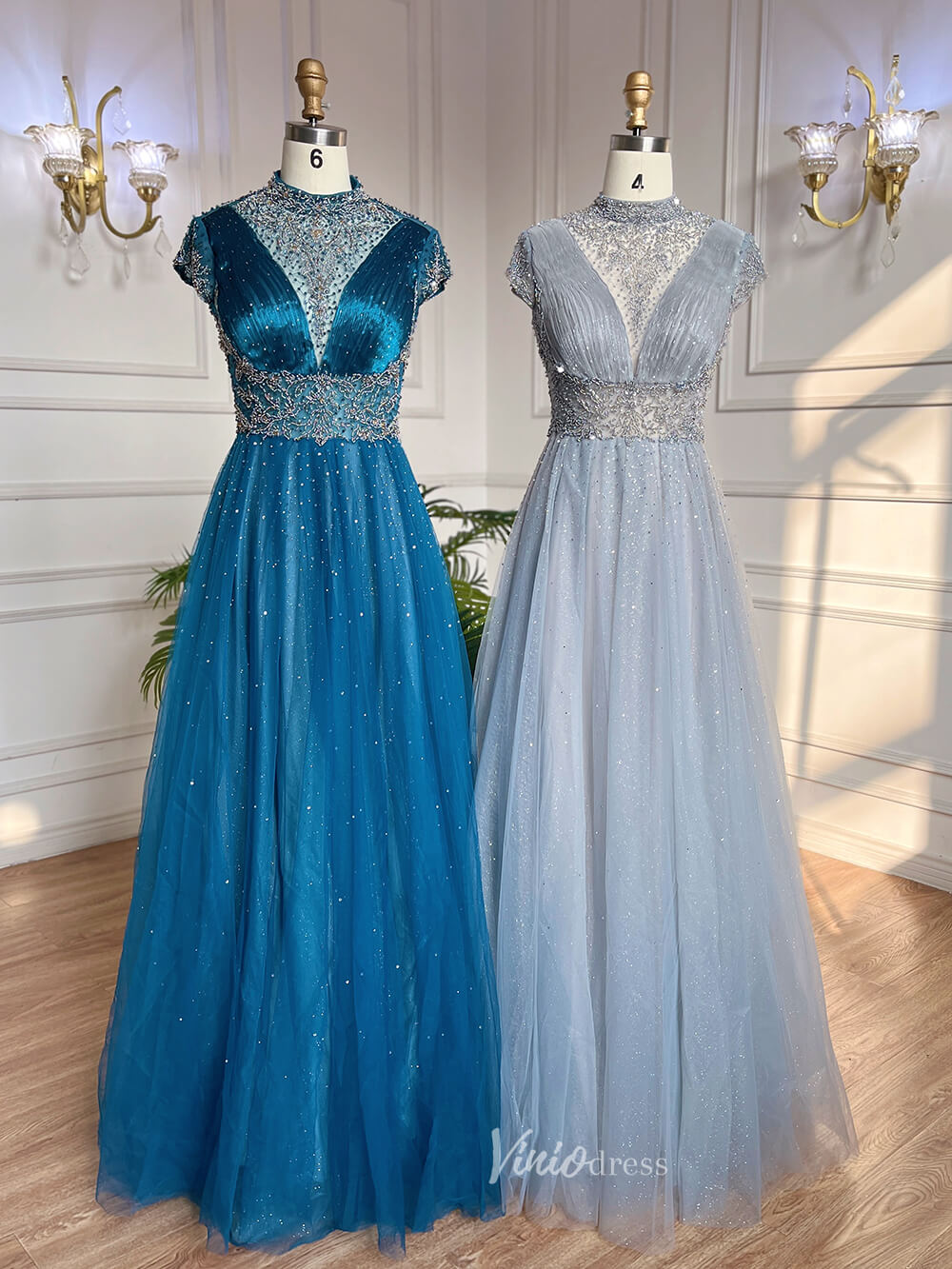 Prom Dress 2025 Beaded High Neck Mother of the Bride Dresses Cap Sleeve 20042-unique prom dresses-As Picture-US 2-Viniodress