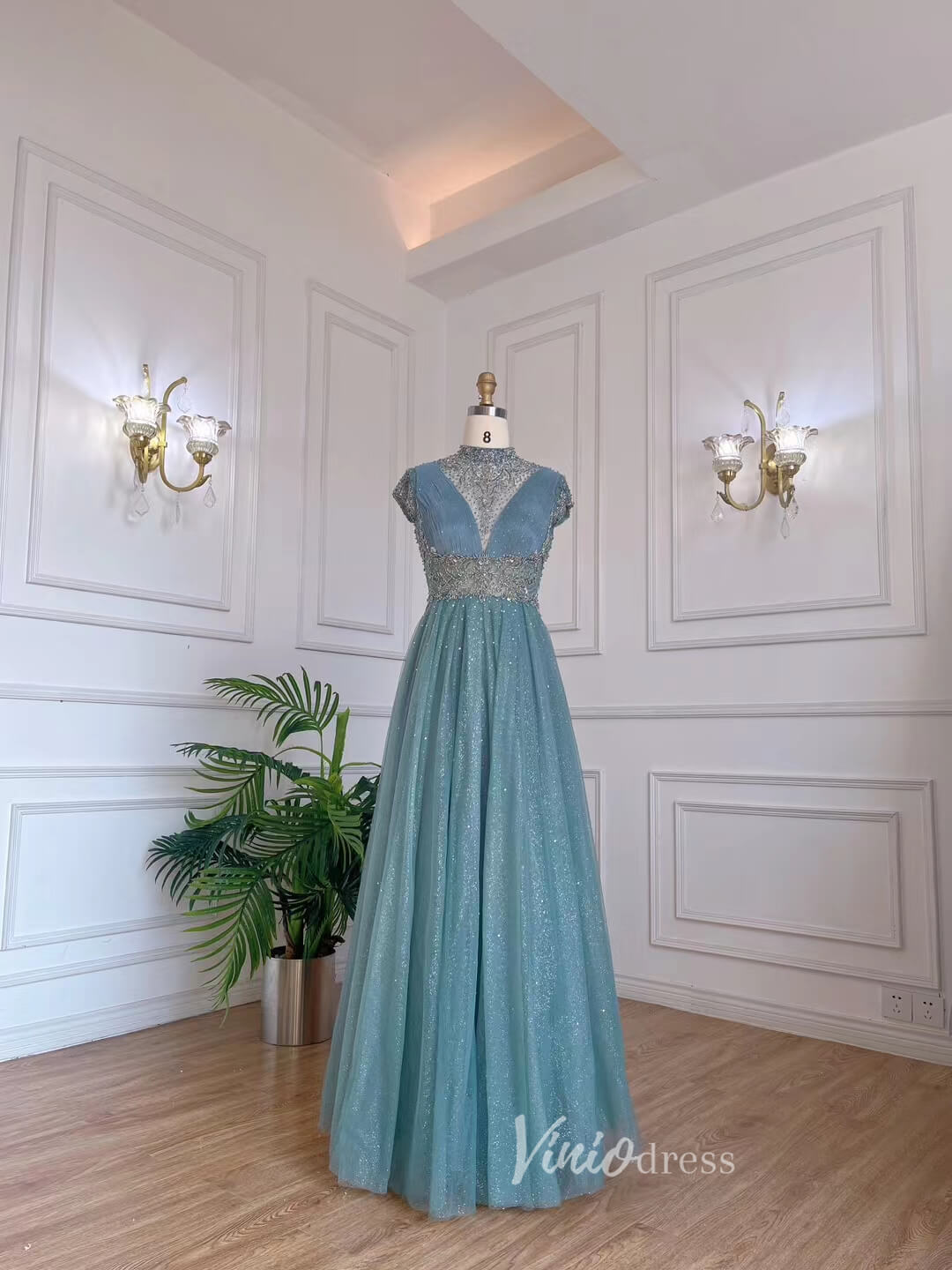 Prom Dress 2025 Beaded High Neck Mother of the Bride Dresses Cap Sleeve 20042-unique prom dresses-Teal-US 2-Viniodress