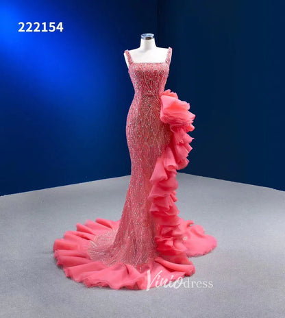 Beaded Hot Pink Ruffled Mermaid Wedding Dress Square Neck 222154-Evening Dresses 2025 -Viniodress-Hot Pink-Custom Size-
