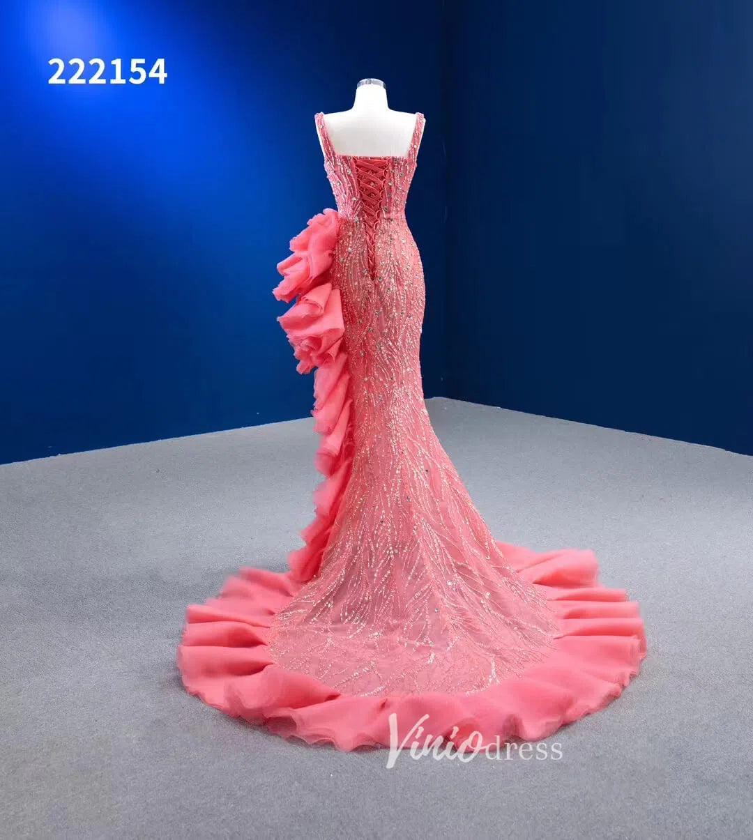 Prom Dress 2025 Beaded Hot Pink Ruffled Mermaid Wedding Dress Square Neck 222154-unique prom dresses-Hot Pink-Custom Size-Viniodress