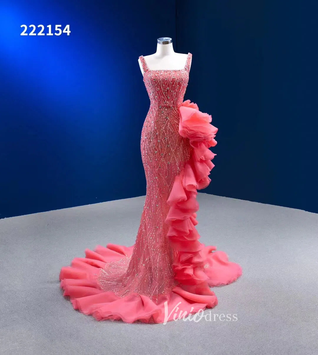 Prom Dress 2025 Beaded Hot Pink Ruffled Mermaid Wedding Dress Square Neck 222154-unique prom dresses-Hot Pink-Custom Size-Viniodress