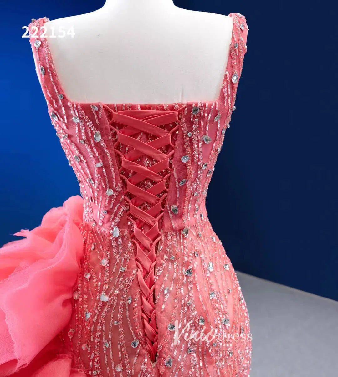 Prom Dress 2025 Beaded Hot Pink Ruffled Mermaid Wedding Dress Square Neck 222154-unique prom dresses-Hot Pink-Custom Size-Viniodress