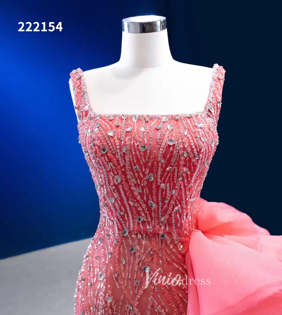 Prom Dress 2025 Beaded Hot Pink Ruffled Mermaid Wedding Dress Square Neck 222154-unique prom dresses-Hot Pink-Custom Size-Viniodress