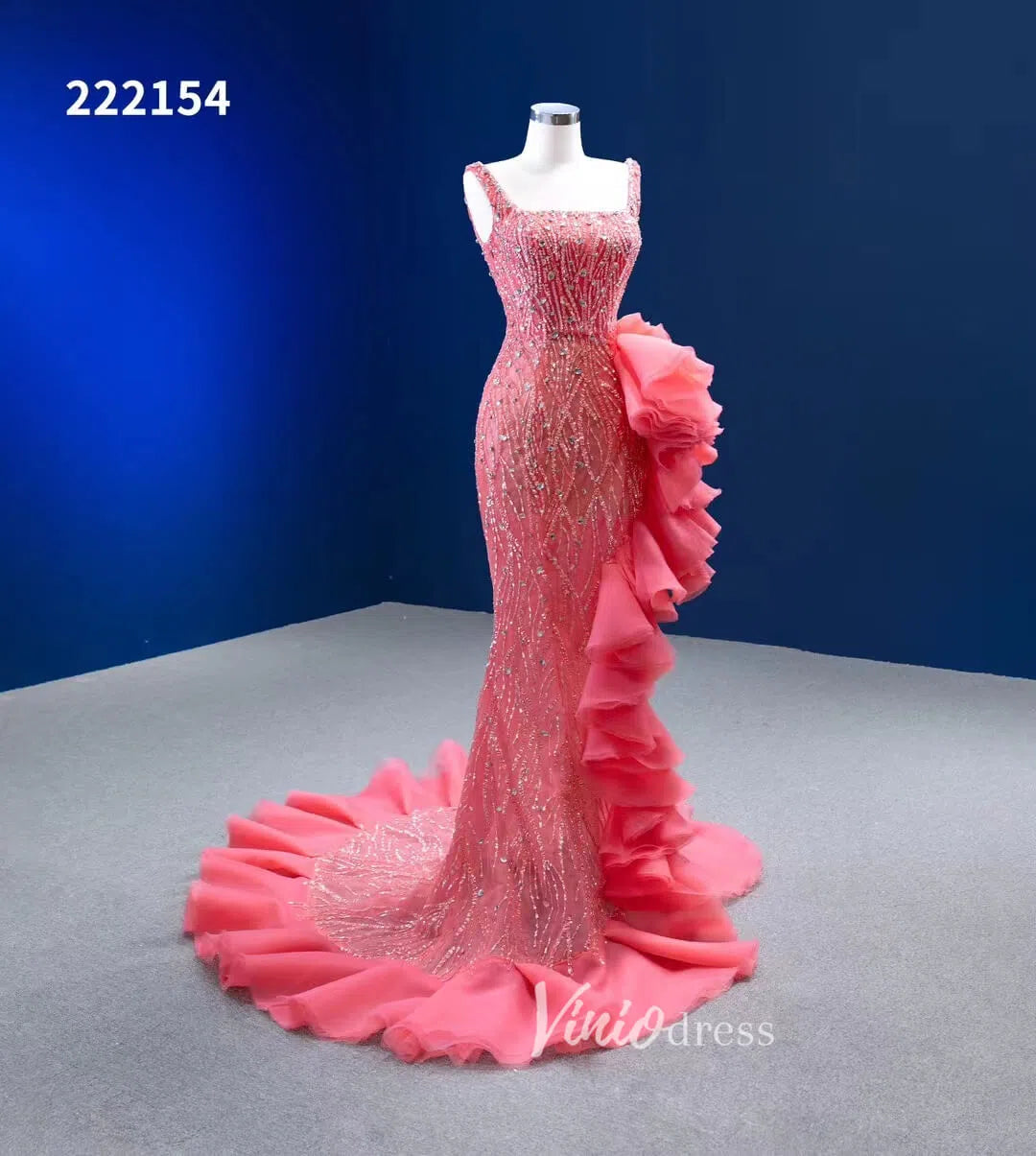 Prom Dress 2025 Beaded Hot Pink Ruffled Mermaid Wedding Dress Square Neck 222154-unique prom dresses-Hot Pink-Custom Size-Viniodress