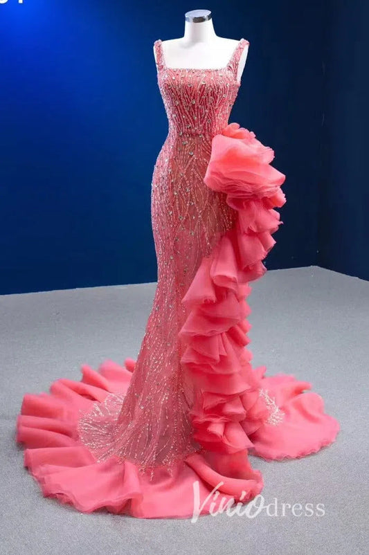 Prom Dress 2025 Beaded Hot Pink Ruffled Mermaid Wedding Dress Square Neck 222154-unique prom dresses-Hot Pink-Custom Size-Viniodress