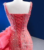 Beaded Hot Pink Ruffled Mermaid Wedding Dress Square Neck 222154-prom dresses-Viniodress-Viniodress