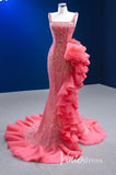 Beaded Hot Pink Ruffled Mermaid Wedding Dress Square Neck 222154