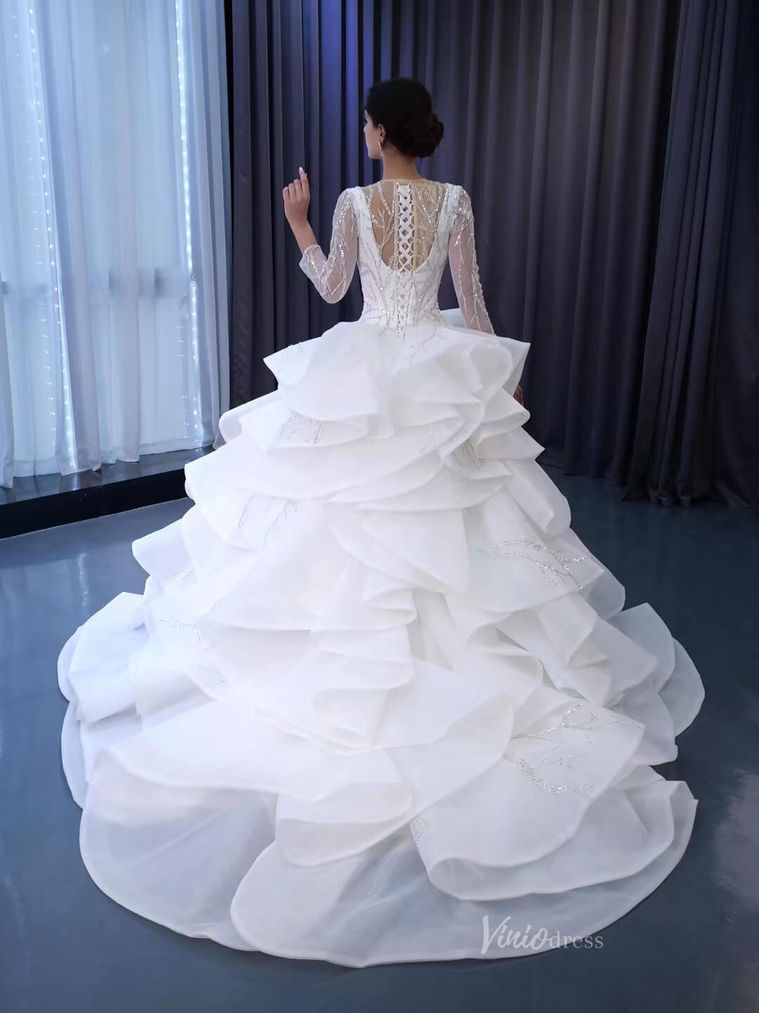Beaded Lace Aplique Ruffled Wedding Dresses Long Sleeve Bridal Gown 222128-wedding dresses 2025 -Viniodress-Ivory-Custom Size-